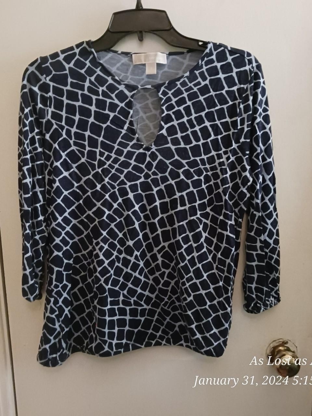 Michael Kors Navy Geometric Keyhole Long Sleeve Top